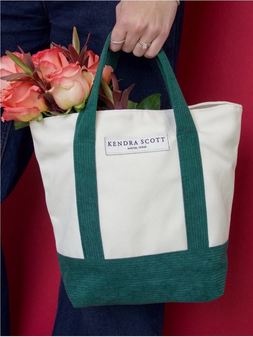 NWT Kendra Scott Cream and Green Canvas Corduroy Mini Tote